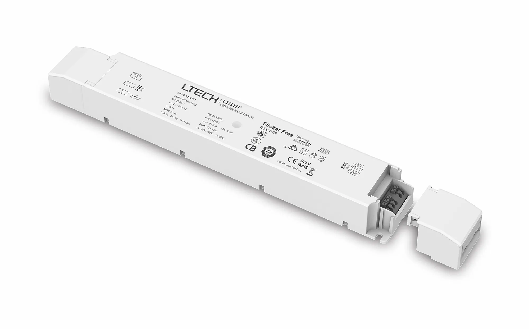 Intelligent LED driver, Leading,Trailing edge, Phase-cut and Push DIM/CCT, 0-100% Dim,CV 75W, 12V DC 3.12A O/P, 200-240Vac I/P, IP20, 5yrs Warranty. LM-75-12-G1T2  LTECH Constant Voltage